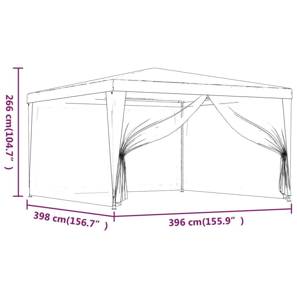 Xhnifbn 13.1'x13.1' White Party Tent with 4 Mesh Sidewalls, Heavy-Duty Iron Frame PE Roof, Water & UV Protection, Zipped Door, Outdoor Gazebo for Backyard Weddings, BBQs & Festivals
