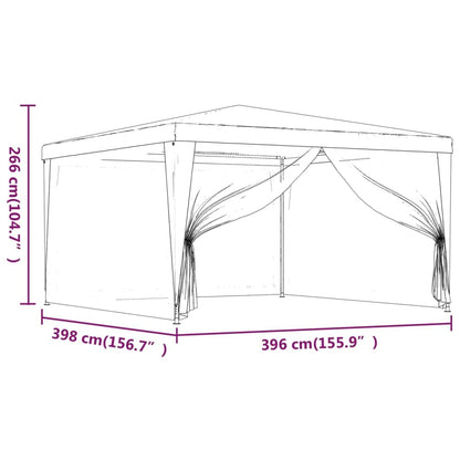 Xhnifbn 13.1'x13.1' White Party Tent with 4 Mesh Sidewalls, Heavy-Duty Iron Frame PE Roof, Water & UV Protection, Zipped Door, Outdoor Gazebo for Backyard Weddings, BBQs & Festivals
