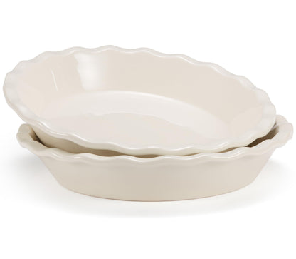 KooK Pie Pan, Ceramic Reusable Round Pie Dish, Quiche Baking Dish, Deep, Wave Edge, For Cakes, Tart, Casseroles, Tarts, Microwave, Oven and Dishwasher Safe, 9-Inch, 36 oz, Set of 2, Ivory