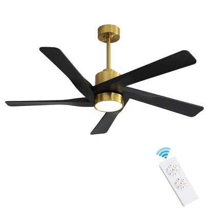 WINGBO 64" ABS DC Ceiling Fan with Lights, 5 Blade ABS Plastic Ceiling Fan with Remote, 6-Speed Reversible DC Motor, LED Ceiling Fans for Kitchen Bedroom Living Room, Brass and Matte Black