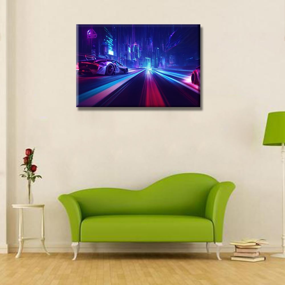 LSIUHWUWI Cyberpunk Style Pictures, Neon Streetview Night Paintings, Canvas Wall Art, 16X24 INCH Ready to Hang