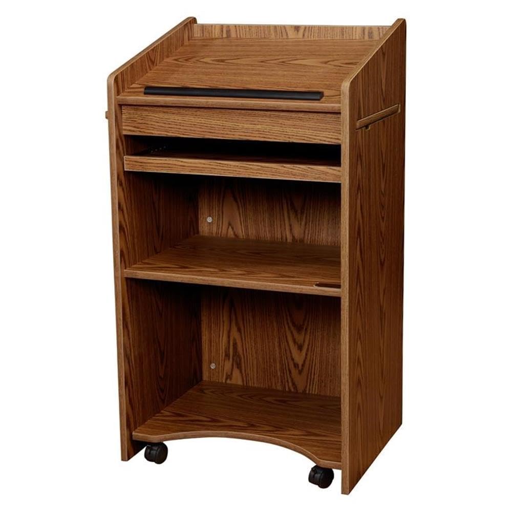 Pemberly Row Aristocrat Modern Wood Lectern, Non-Sound Podium with Slide-Out A/V Shelf & Storage, Medium Oak