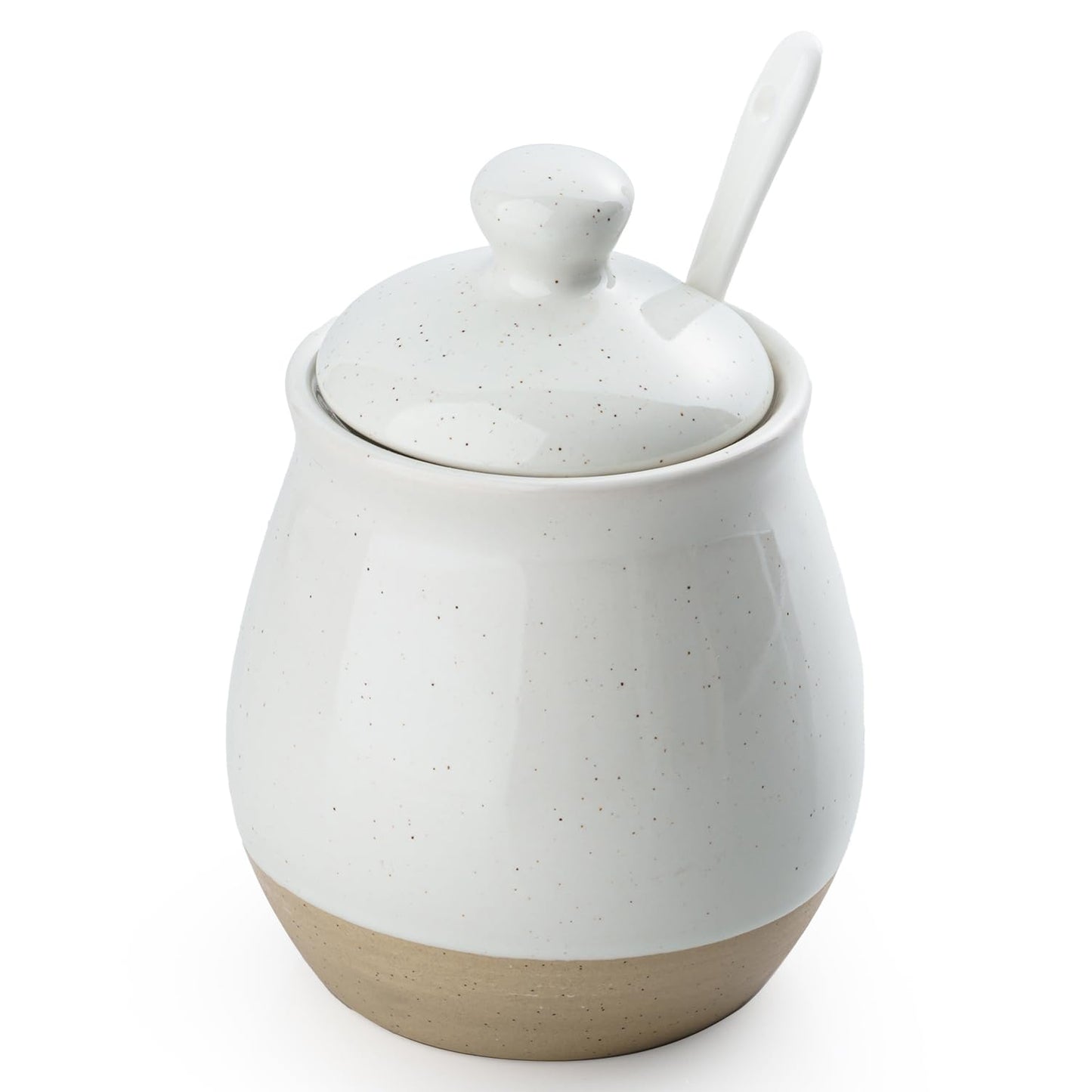 famiware Milkyway Sugar Bowl with Lid and Spoon, 10oz Ceramic Sugar Jar/Pot/Dispenser for Salt, Condiments, Spice, Seasonings, Sugar Container for Coffee Bar, Home, Kitchen, and Countertop, White