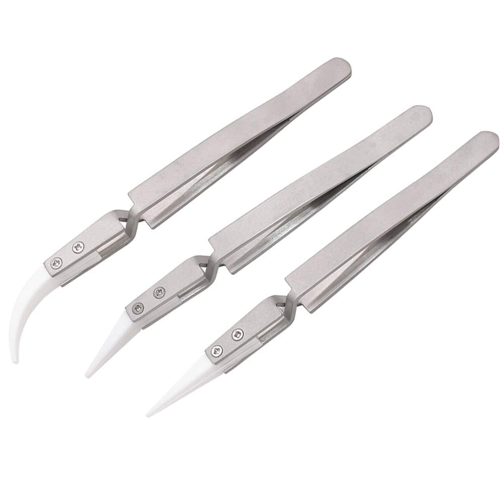 YAKAMOZ 3pcs Precision Reverse Ceramic Tweezers Non-Conductive, Heat Resistant, Anti-Magnetic Pointed & Curved Tips Tweezer Set for Pinching Coils While Firing