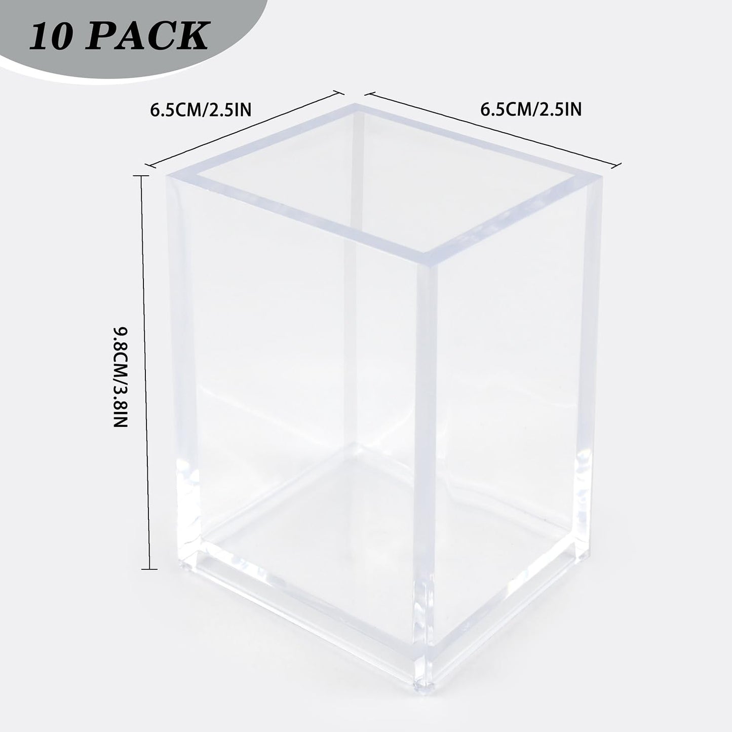 10 Pack Clear Acrylic Pen Holder for Desk, Pencil Cup Makeup Brush Organizer, Square Acrylic Pencil Holders for Office School Home Supplies, Desktop Stationery Organizer for Pens Markers Brushes