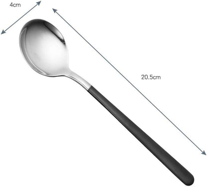4-Piece Stainless Steel Dinner Spoons, 8 inches Comfort Long Handle, Mirror Polished Flatware, Dishwasher Safe (Black)
