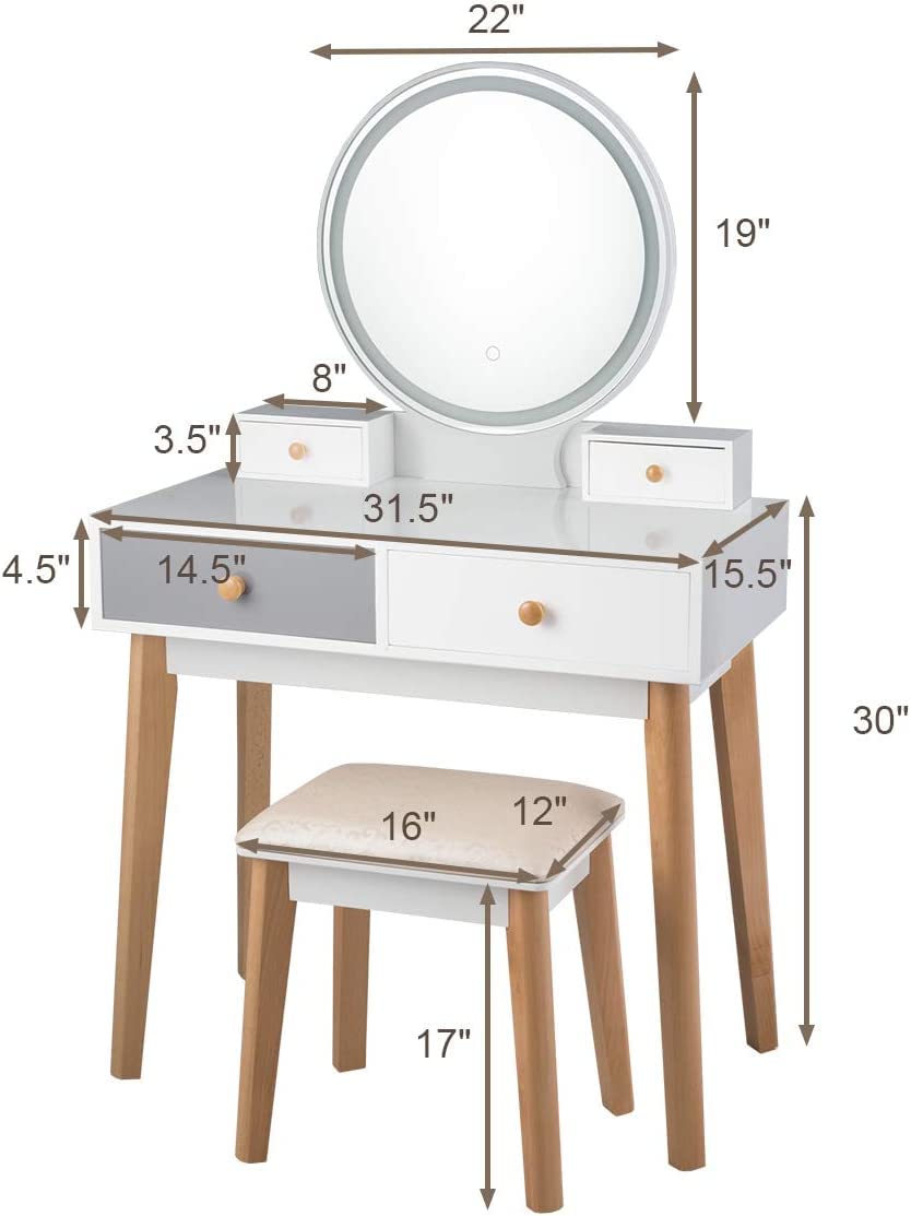 Vanity Set, Touch-Screen LED Round Mirror, Dressing Table with Cushioned Stool, 4 Storage Drawers &Spacious Desktop, 3 Adjustable Light Colors, Makeup Table and Stool Set for Women Girls, White + Gray