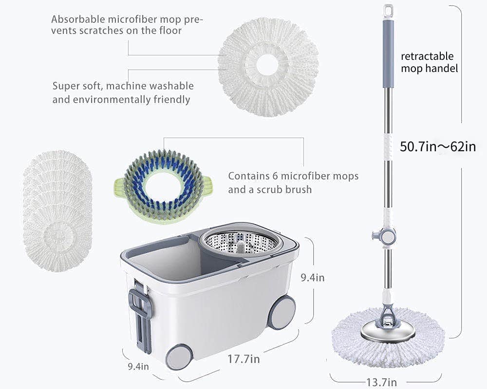 Michao Spin Mop Bucket Deluxe 360 Spinning Floor Cleaning System with 6 Microfiber Replacement Head Refills,62" Extended Handle,4X Wheel for Home Cleaning