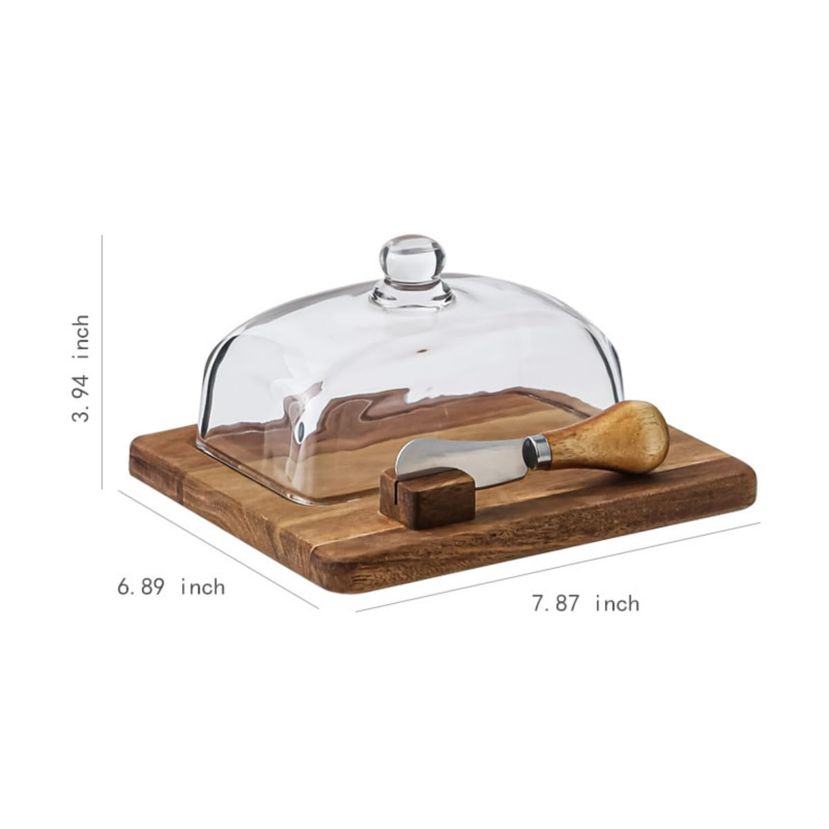 Acacia Wood Butter Dish with Knife and Glass Cover for Cheese, Butter, Cake, Dessert Serving Tray Elegant Kitchenware (1 knife)