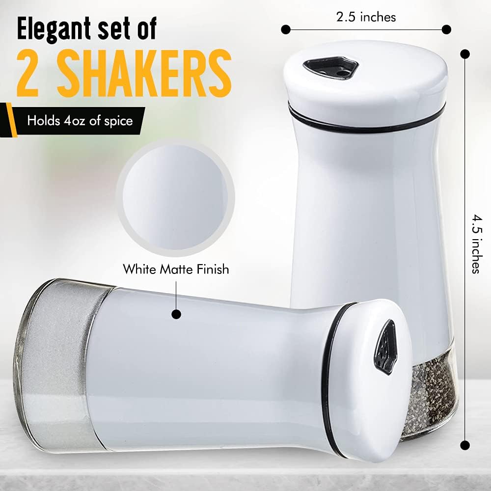 The Original Salt and Pepper Shakers Set - White Spice Dispenser with Adjustable Pour Holes, Stainless Steel & Glass,
