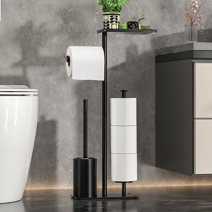 Skiennix Modern Bathroom Toilet Paper Stand - Stylish Black Metal Holder with Storage Shelf for 3 Mega Rolls | 24x12x60 Inches