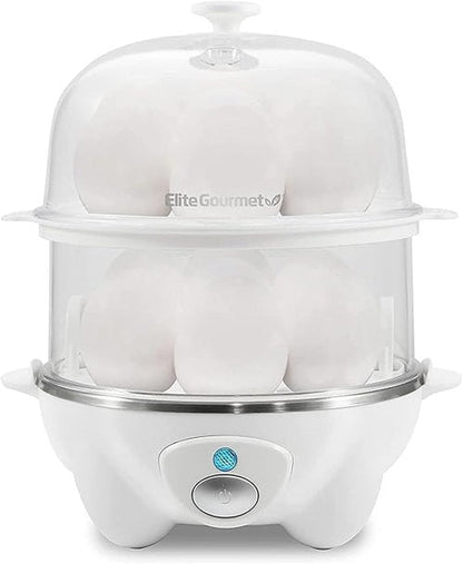 Elite Gourmet 2-Tiered Egg Cooker - Rapid 5-Egg Poacher for Soft, Medium, Hard-Boiled Eggs | BPA Free, White