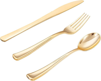 WDF 500PCS Gold Plastic Silverware Set Disposable - Gold Cutlery Set Plastic - 250Forks, 125 Spoons, 125 Knives for Party Baby Shower Wedding Spring
