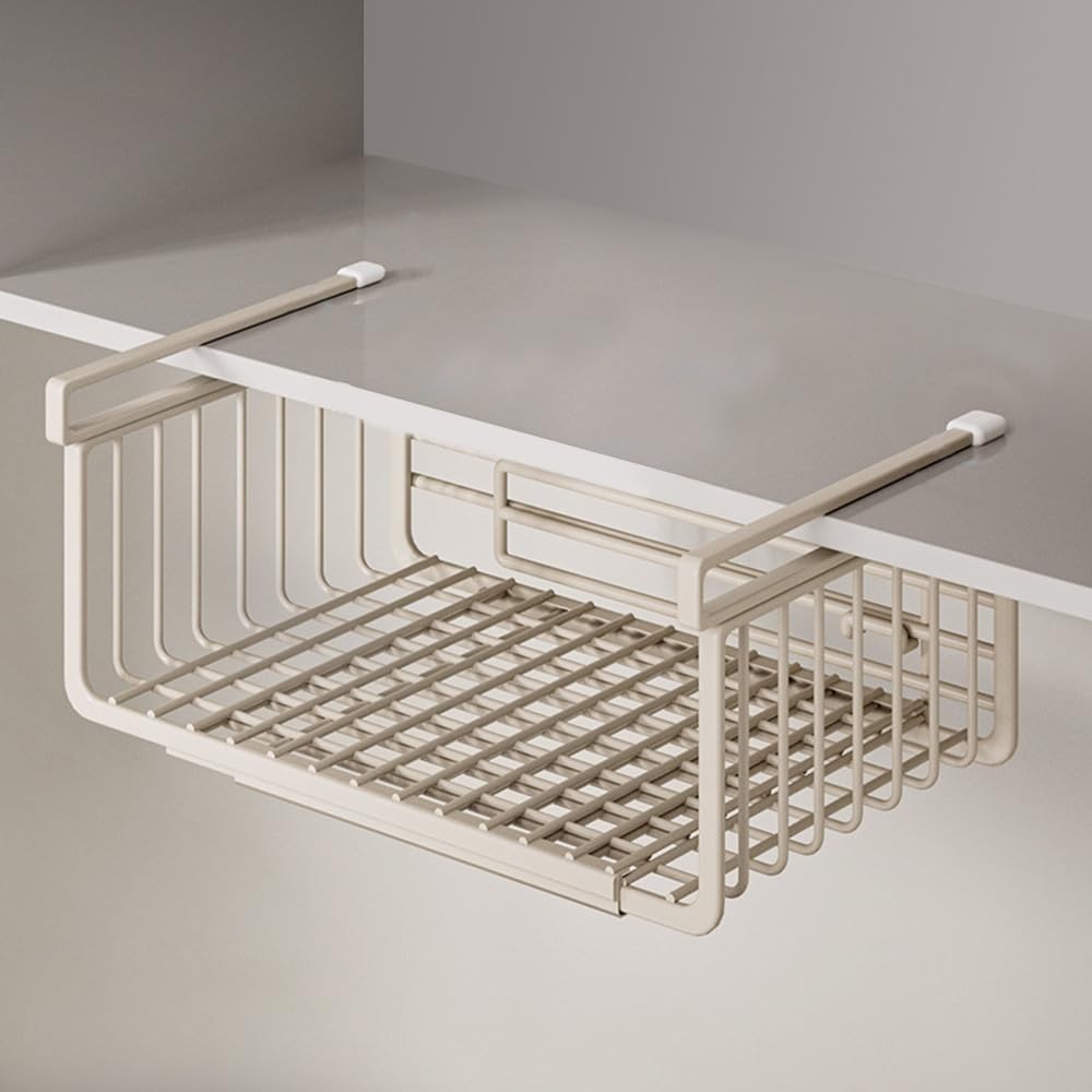 Janebert Extendable Under Shelf Storage Basket, Hanging Baskets Under Cabinet Shelf Organizer, for Cabinet Pantry Kitchen Cupboard Desk Counter Bookshelf Organization Space Saver Heavy Duty Slide-in
