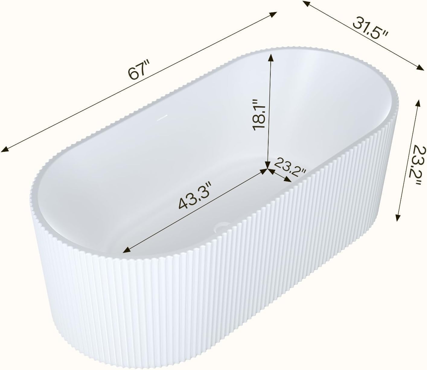 67 Inch Acrylic Freestanding Bathtub, Deep Soaking Tub with Non-Slip Base, cUPC Certified Free Standing Tub, Chrome Drain Bath Tub, Modern Tub for Bathrooms, White