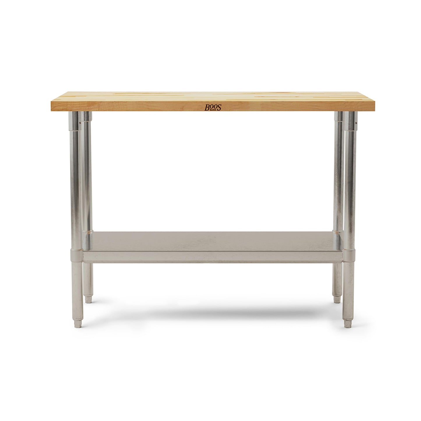 John Boos Maple Wood Top Work Table, 48”x24”x36” – 1.5” Thick Tabletop, 86-lb Kitchen Station with Wooden Edge-Grain Table & Steel Base, & Adjustable Shelf
