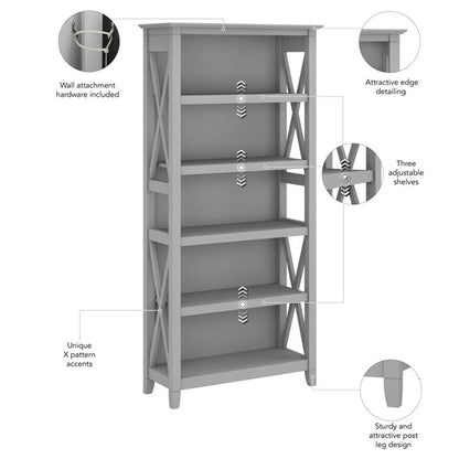 Bush Home Key West 5 Shelf Bookcase - Set of 2 | Tall Bookshelves in Cape Cod Gray | Sturdy Display Shelves for Library, Living Room, and Home Office