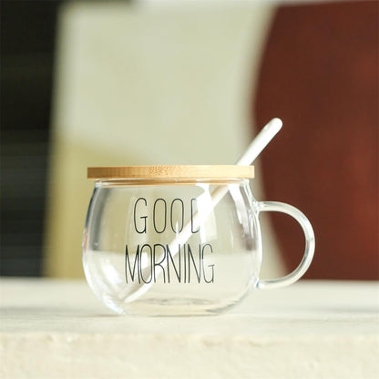 TREEWOO GOOD MORNING Clear Mug For Coffee Dessert Milk Tea Yogurt, Set of 2, Round Glass Cup Handgrip Drinkware With Bamboo Lid Tulip Ceramic Spoon (2 Black Letters Cup)