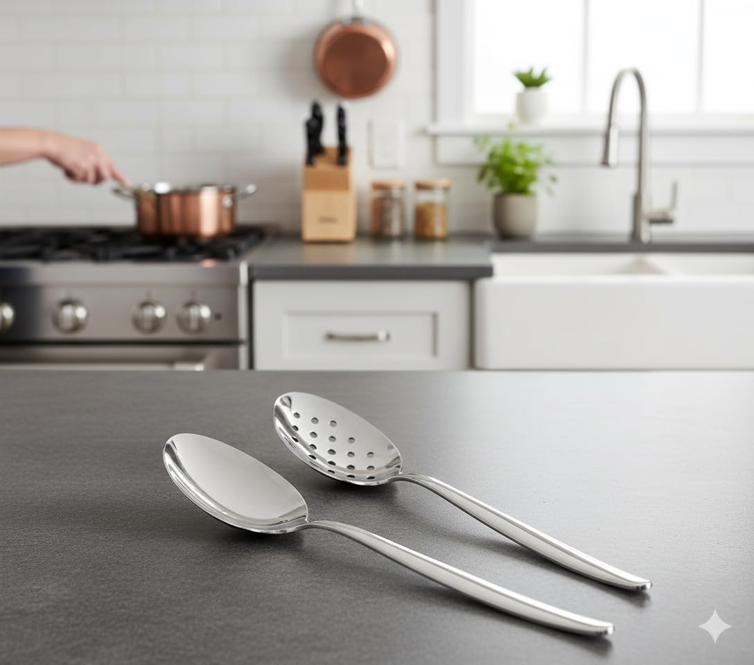 BNAZIND 2 Pack 8 inch Kunz Small Regular and Perforated Sauce Spoon Set | 18/10 Stainless Steel Silver Chef Spoon ideal for drizzling sauces, plating desserts, Dishwasher safe