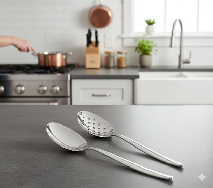 BNAZIND 2 Pack 8 inch Kunz Small Regular and Perforated Sauce Spoon Set | 18/10 Stainless Steel Silver Chef Spoon ideal for drizzling sauces, plating desserts, Dishwasher safe