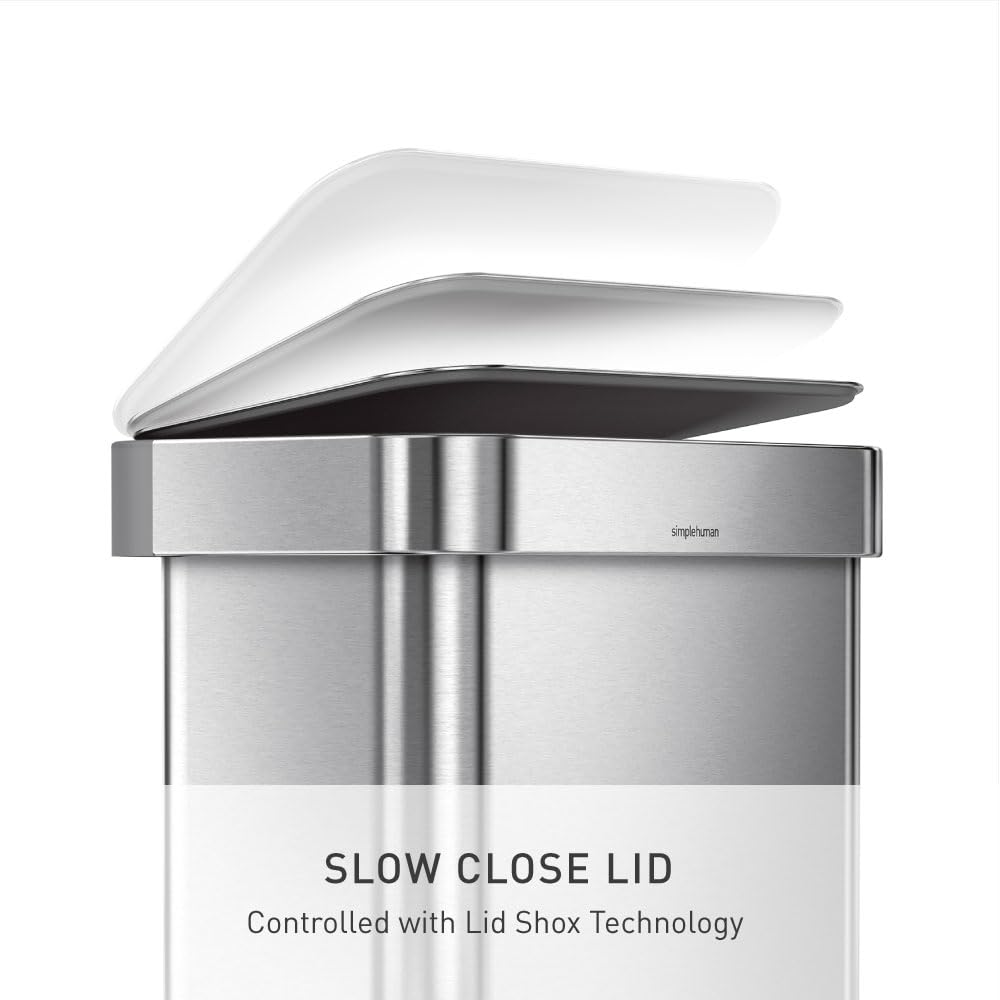 simplehuman 45 Liter / 12 Gallon Liter Rectangular Hands-Free Kitchen Step Trash Can with Soft-Close Lid, Brushed Stainless Steel with Plastic Lid