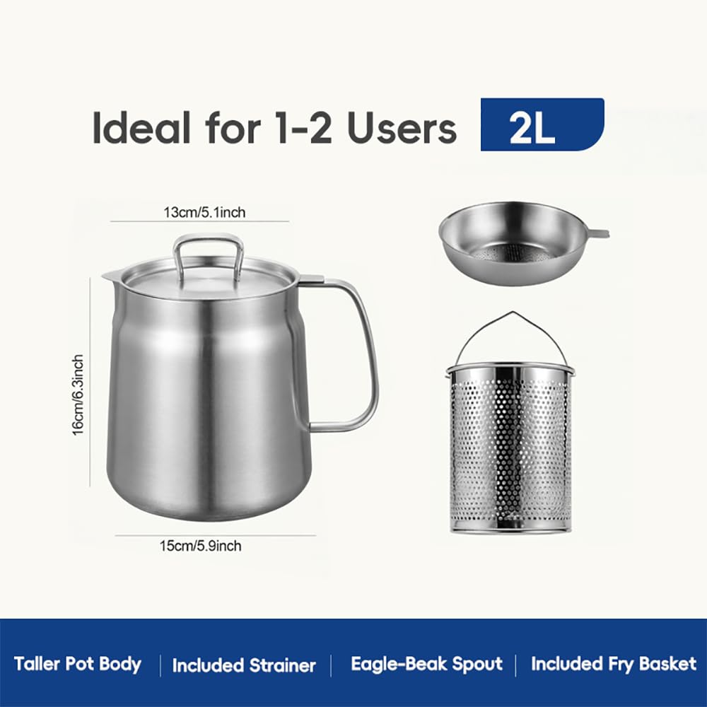 PUCOHOUSE 2L/68oz 304 Stainless Steel Deep Fryer Pot with Basket, Strainer & Lid, Large Capacity Oil Filter Container & Bacon Grease Saver, Dishwasher Safe for Kitchen, Frying, Camping