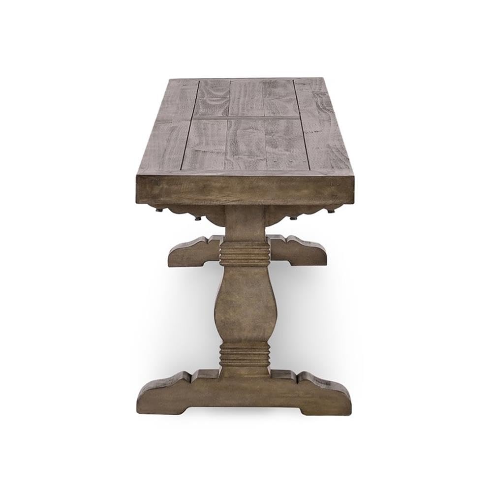MAKLAINE 83" Transitional Reclaimed Pine Wood Bench, Weathered Brown Finish, Hand Carved Pedestal Base, Seats Up to 4, Rustic Kitchen or Dining Room Seating