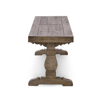 MAKLAINE 83" Transitional Reclaimed Pine Wood Bench, Weathered Brown Finish, Hand Carved Pedestal Base, Seats Up to 4, Rustic Kitchen or Dining Room Seating