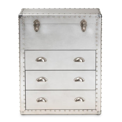 BOWERY HILL 3-Drawer Mid-Century Metal Accent Storage Chest, Silver Finish, Wood and Metal Construction, Vintage-Inspired Rivet Details, Lift-Top Compartment, Bedroom, Living Room, or Entryway Use