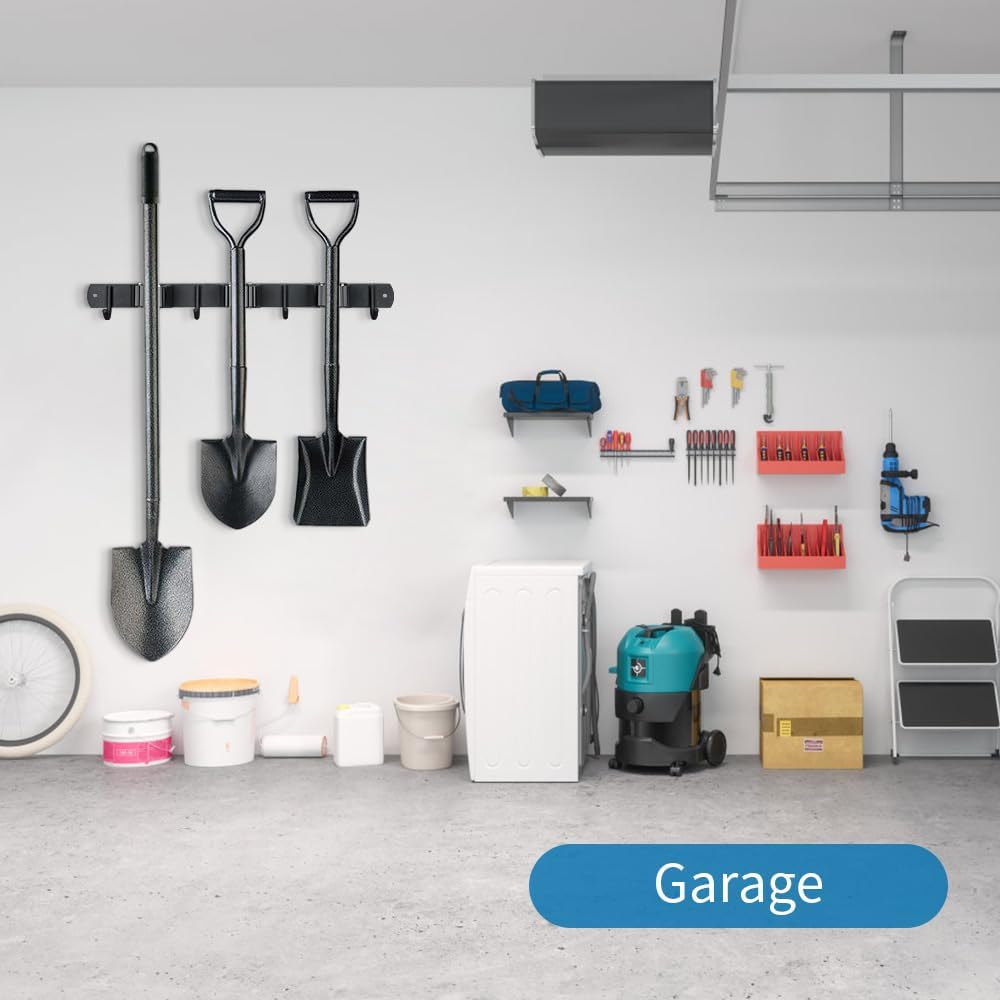 Skiennix Heavy-Duty Broom Hanger & Mop Holder - Wall-Mounted Organizer Rack with 4 Hooks | Matte Black