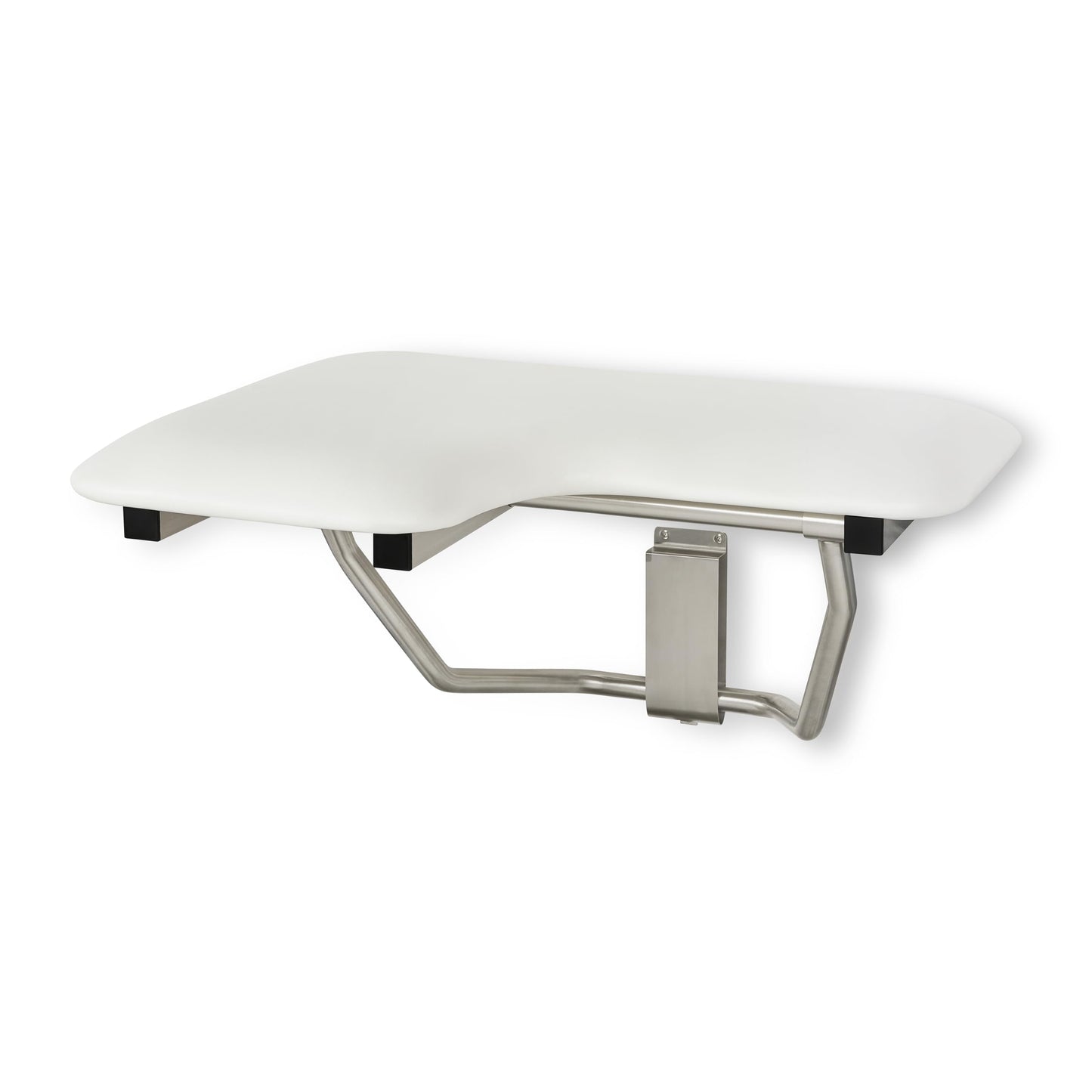 Seachrome Lift-Assist Shower Seat, L-Shaped Right-Hand, ADA, Wall Mount, Padded White Naugahyde