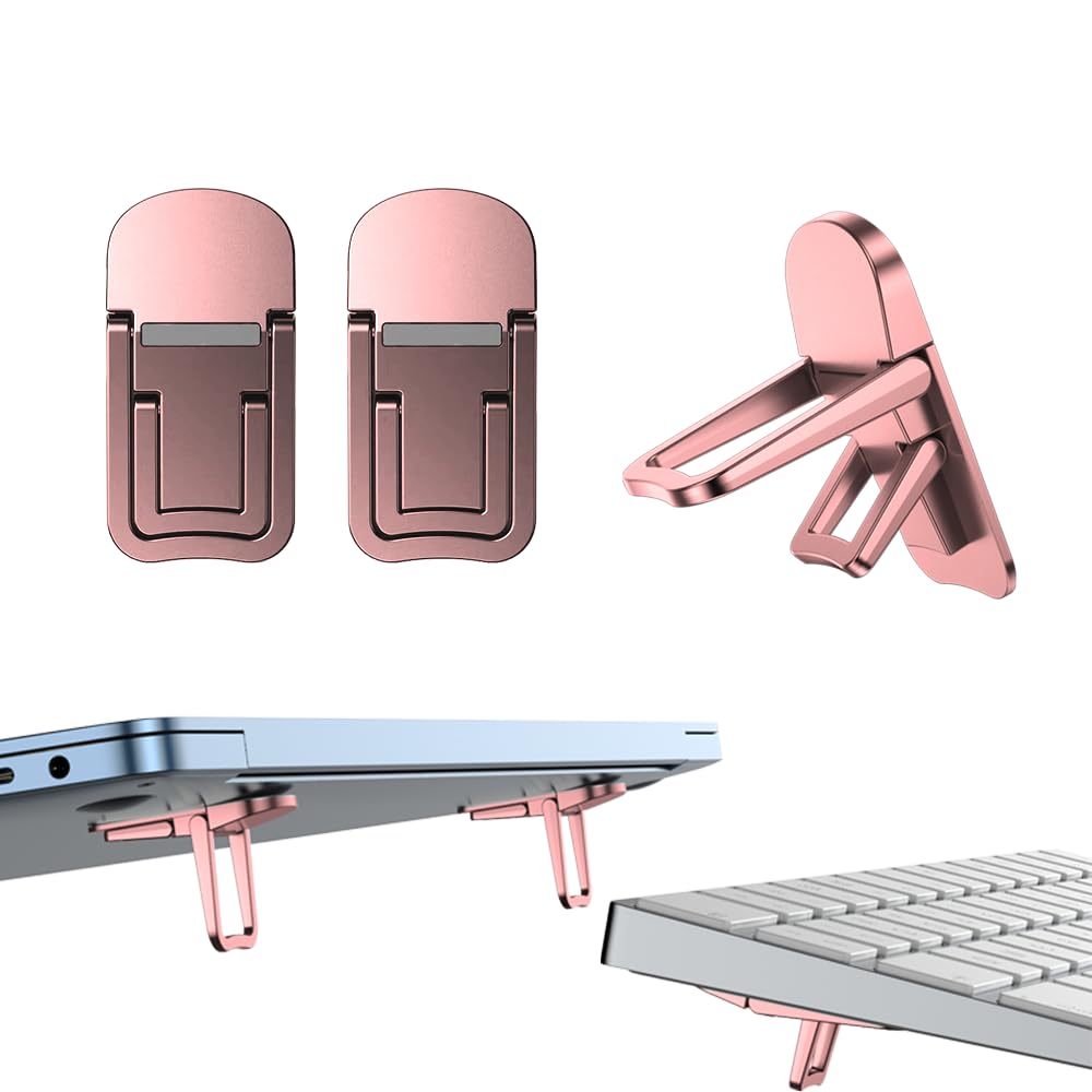 2PCS Zinc Alloy Mini Foldable Laptop Stand, Portable Computer Keyboard Riser with 2 Adjustable Angles, Self-Adhesive Invisible Notebook Stand and Keyboard Lift for Desk (Pink)