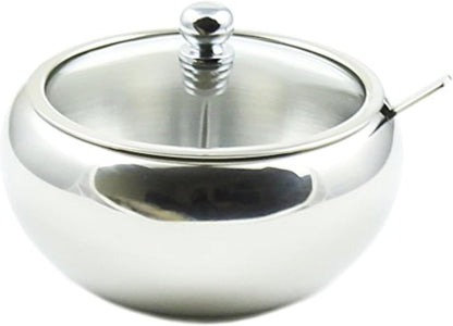 Zoie + Chloe Stainless Steel Sugar Bowl with Glass Lid, Bonus Spoon, 2 Cup Capacity (500ml)