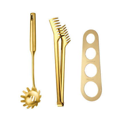 Gold Stainless Steel Spaghetti Server Set, Spaghetti spoon with teeth,12'' Pasta Tong and 13.6'' Pasta spoon,4-Hole Stainless Steel Spaghetti Measure Tool. for Noodles Pasta Serving Gadgets(3 Pieces)