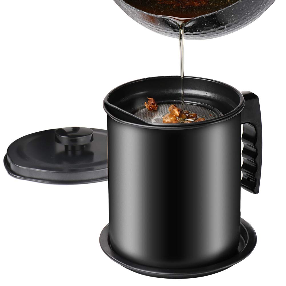 Cambom Bacon Grease Container with Fine Mesh Strainer, 1.3 L almost 6 Full Cups Iron Cooking Oil Can with Removable a Coaster Tray for Kitchen Fat Storage Black