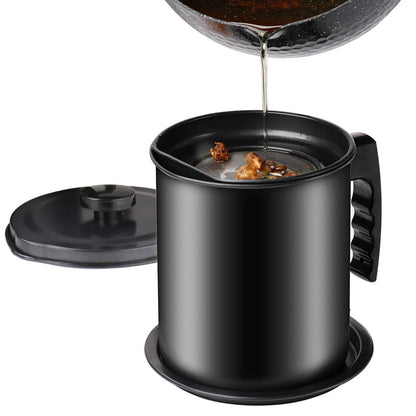 Cambom Bacon Grease Container with Fine Mesh Strainer, 1.6L almost 7 Full Cups Iron Cooking Oil Can with Removable a Coaster Tray for Kitchen Fat Storage Black