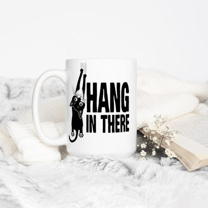 Hang in There Coffee Mug, Funny Motivational Cat Gift Cup for Friend, Coworker, Women, Men (15oz)
