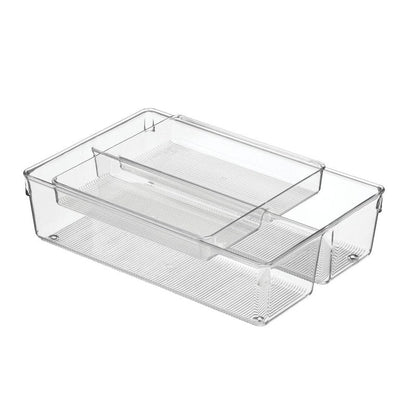 mDesign Plastic Stackable Kitchen Storage Drawer Organizer Bin with 2-Tier Tray for Cabinet, Pantry, Drawer, Refrigerator, Freezer - Hold Utensils, Flatware, Appliances - Ligne Collection - Clear