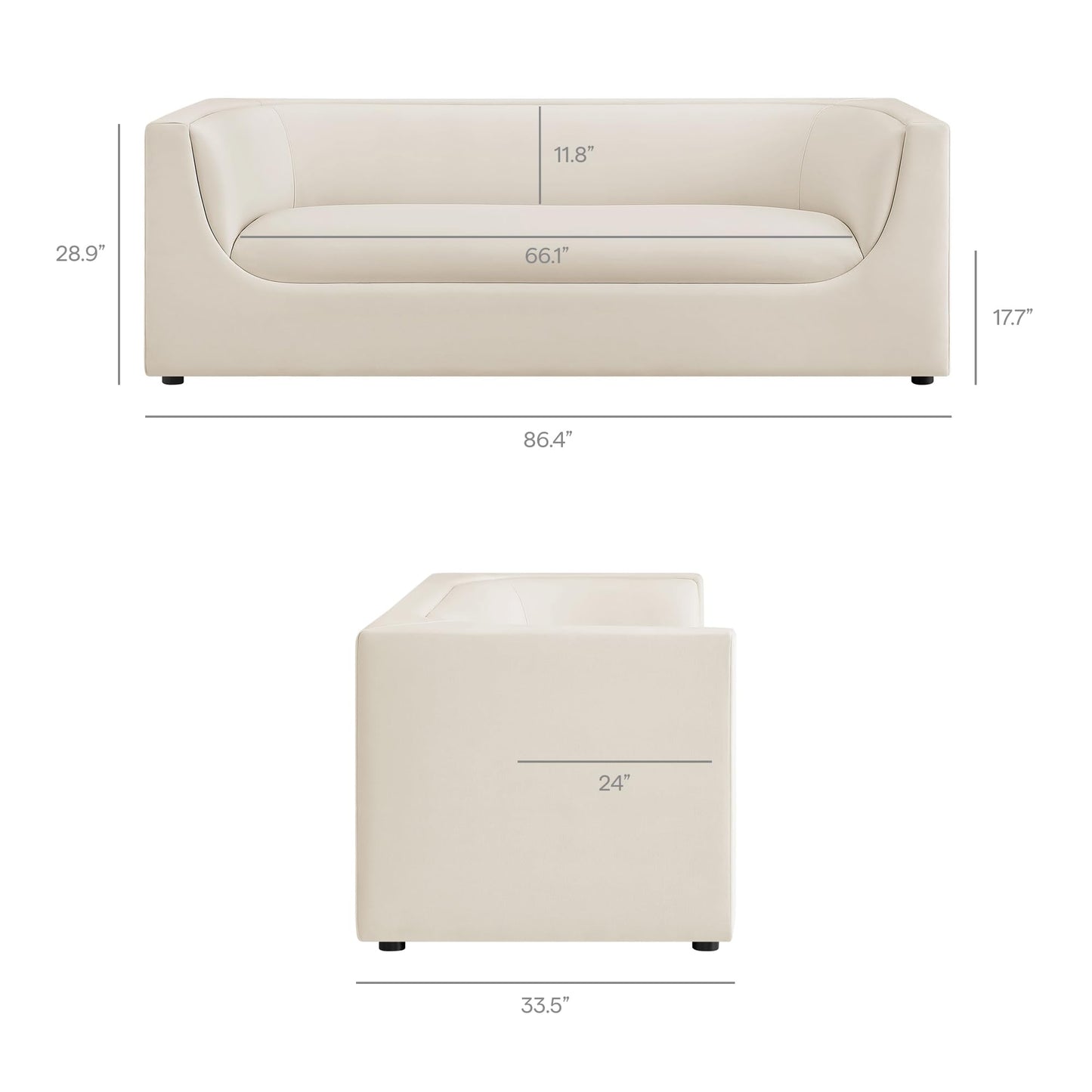 Modway Hilda 86 Inch Modern Curved Back Performance Velvet Sofa in Alabaster – Plush Upholstered 3-Seat Couch for Living Room, Apartment, Office