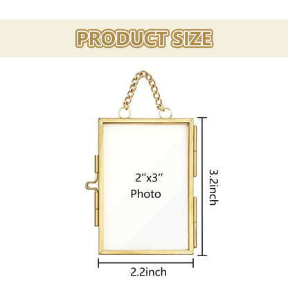 4Pcs Double Glass Frame for Pressed Flowers, 2x3 inch Picture Frame Mini Brass Wall Hanging Photo Floating Frame with Chain for Plant Specimen Artwork Display Home Wall Decor (Gold, Vertical)