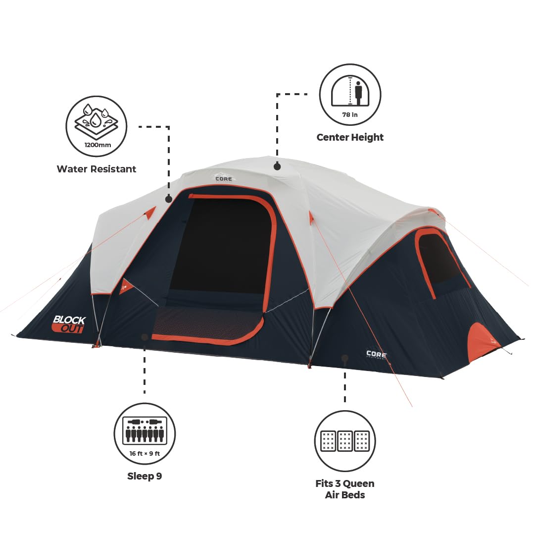 CORE 9 Person Dark Room Tent | Best Car Camping Outdoor Family Blackout Dome Tent | Included Wall Organizer for Camping Accessories