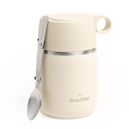 GRANDTIES Insulated Food Jar, 20 oz Wide Mouth Thermo BPA Free Stainless Steel Container for Hot Food with Carry Handle Bowl Cap & Foldable Spoon, Leakproof for Lunch To Go Meals (Ivory White)