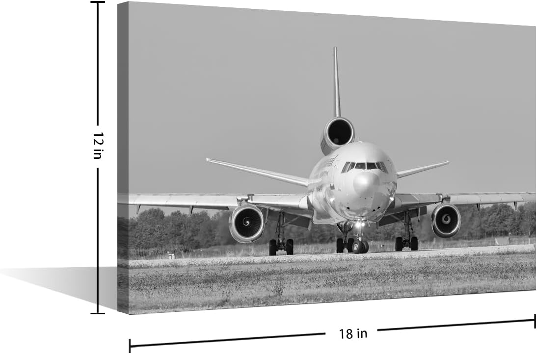 Black and White Room Wall Art - Aircraft Painting Airplane on The Runway, 12"Wx18"H Framed Canvas Prints