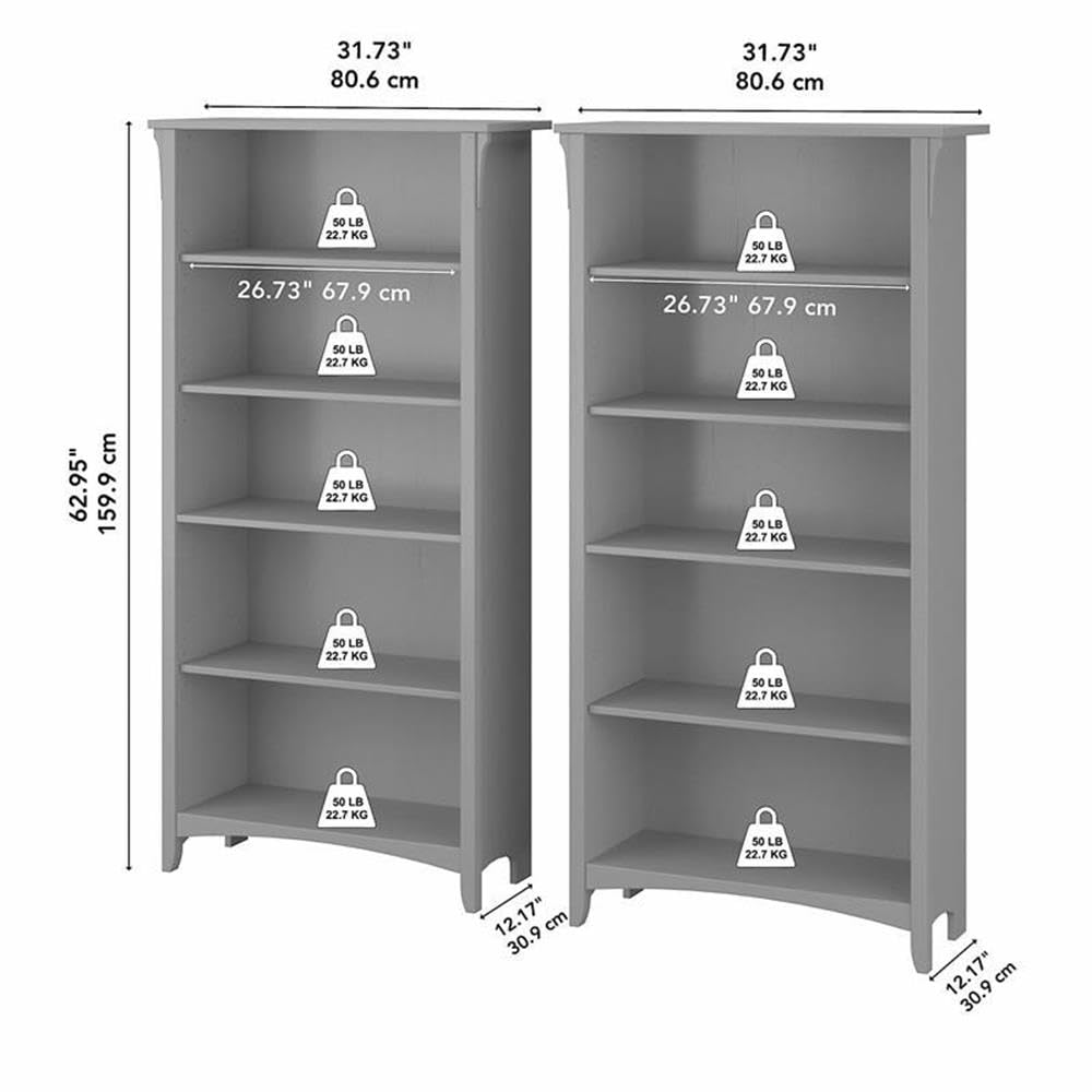Bush Home Salinas Tall 5 Shelf Bookcase - Set of 2 in Cape Cod Gray, Vertical Office Storage, Bookshelves for Home Workspace, Multi-Purpose Shelving Units