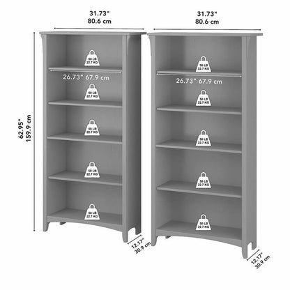 Bush Home Salinas Tall 5 Shelf Bookcase - Set of 2 in Cape Cod Gray, Vertical Office Storage, Bookshelves for Home Workspace, Multi-Purpose Shelving Units