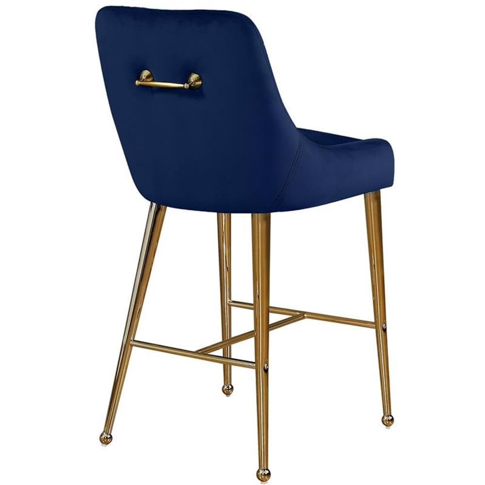 Meridian Furniture Owen Collection Modern | Contemporary Velvet Upholstered Counter Stool with Polished Gold Metal Legs, Set of 2, 23" W x 21" D x 40" H, Navy