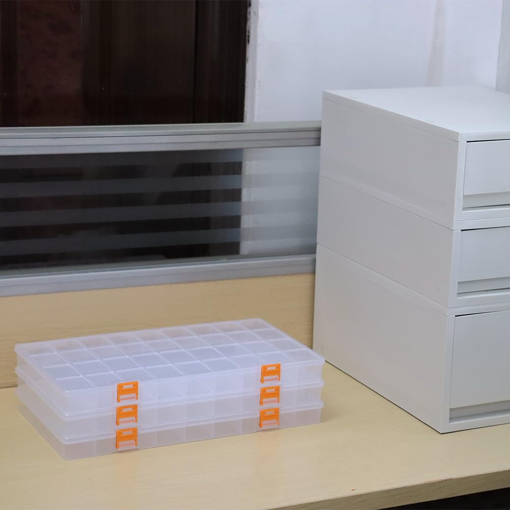 BangQiao 3 Pack 36 Grids Clear Plastic Storage Box with Dividers, Transparent Organizer Container Case for Small Parts, Bead, Button, Jewelry, Diamond, Craft Supplies,Sewing Kit, DIY Accessories