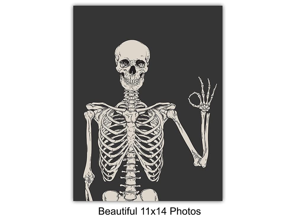 Skeleton Wall Art & Decor 11x14 - Halloween Wall Art - Goth Home Decor - Gothic Room Decoration, Pagan Gifts - Funny Skull Artwork, Bedroom Dorm Man cave - Men Boys Teens - Witchy Picture Poster Print