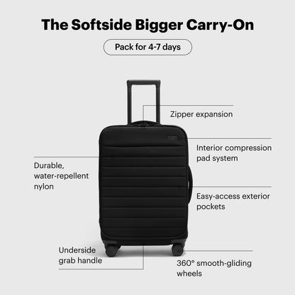Away Softside Bigger Carry-On Suitcase, 23 Inch Expandable High-Strength Nylon Luggage With Spinner Wheels, Meets Requirements for Most Major Airlines, Jet Black