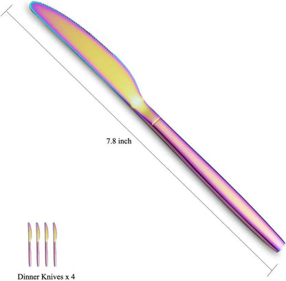 HOMQUEN Rainbow Dinner Knives, 4 Pieces, 9" Stainless Steel Modern Design with Colorful Titanium Plating